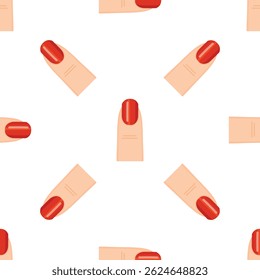 Seamless pattern of woman fingers with red nail polish, creating a stylish and repetitive design on a white background