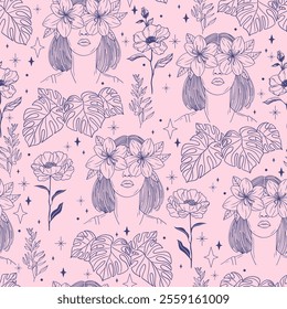 Seamless Pattern with Woman, Flowers on Her Face, Plants, Monsters, and Peonies. Hand-Drawn Vector background