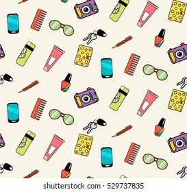 Seamless Pattern Of Woman Handbag Contents