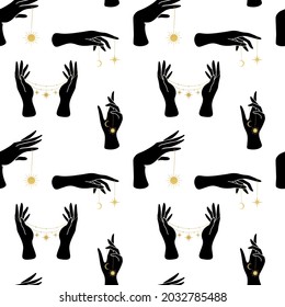 Seamless pattern with woman hands, the sun, the moon and stars. Wicca, alchemy, mystical, magic, celestial, esoteric, sacred, spiritual, occultism inspired concept. Witch hands. Hand drawn vector