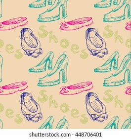 Seamless pattern of the woman high heels shoes and ballet flats.