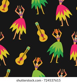 Seamless pattern with woman hula dancers in skirts and tops and ukulele guitars isolated on black background. Colorful playful design for textile, paper, background. Hand drawn vector illustration.