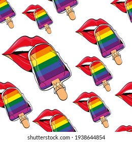 Patrón sin foco de labios de mujer tratando de helado en los colores de la bandera arcoiris aislado en blanco	