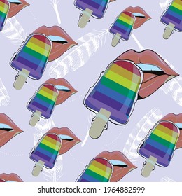Seamless pattern of woman lips trying ice cream in the colors of the rainbow flag isolated on white