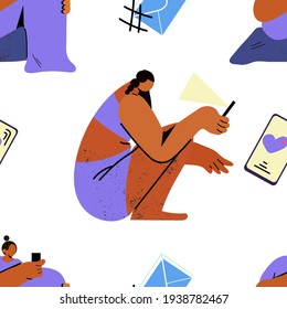 Seamless pattern. Woman looking at the phone. Human and social media. Hand drawn vector illustration in trendy style.