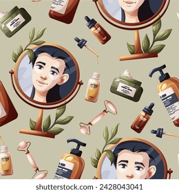 Seamless pattern with woman in the mirror reflection, creams, serum, jade roller. Beauty, skin care, cosmetic, self care, spa concept. Vector illustration for background, scrapbooking, wrapping paper.