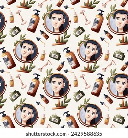Seamless pattern with woman in the mirror reflection, creams, serum, jade roller. Beauty, skin care, cosmetic, self care, spa concept. Vector illustration for background, scrapbooking, wrapping paper.