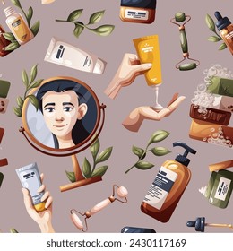 Patrón sin fisuras con la mujer en el reflejo del espejo, cremas, suero, rodillo de jade. Belleza, cuidado de la piel, cosmética, cuidado personal, concepto de spa. Ilustración vectorial para fondo, scrapbooking, papel de embalaje.