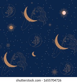 Seamless pattern with woman, moon and stars in one line style. Astrology background. Editable vector illustration