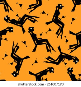 Seamless pattern with woman on the beach, silhouette vector orange background