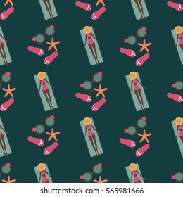Seamless Pattern. Woman on The Beach. Vector.