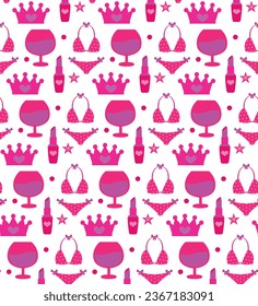 Seamless pattern with woman pink accessories. Seamless fashion accessories pattern. Pink trendy fashion accessories and clothing vector illustration.
