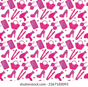 Seamless pattern with woman pink accessories. Seamless fashion accessories pattern. Pink trendy fashion accessories and clothing vector illustration.