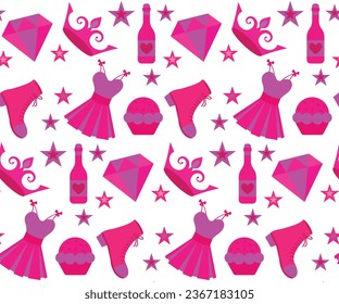 Seamless pattern with woman pink accessories. Seamless fashion accessories pattern. Pink trendy fashion accessories and clothing vector illustration.