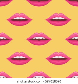 Seamless pattern with woman pink lips on yellow background. Vector texture.