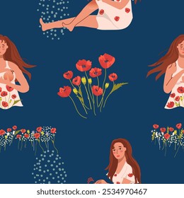 Padrão perfeito com uma mulher, papoulas. Símbolo da menstruação. Dia Mundial da Menopausa. Sintomas da menopausa, osteoporose, dor nas articulações, dor no peito. Ilustração desenhada à mão.