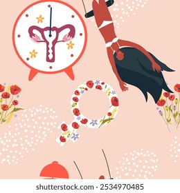 Seamless pattern with a woman, poppies. Symbol of menses. World Menopause Day. Gynecology. Women's health. Clock in the form of a uterus. Yand drawn illustration.