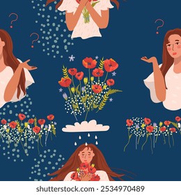 Seamless pattern with a woman, poppies. Symbol of menses. World Menopause Day. Gynecology. Women's health. Menopause symptoms. Hand drawn vector.