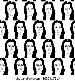 Seamless pattern with woman portrait. Black and white minimalist graphic silhouette.  Art of women face and hairstyle