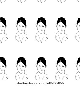 Seamless pattern with woman portrait. Black and white minimalist graphic silhouette.  Art of women face and hairstyle