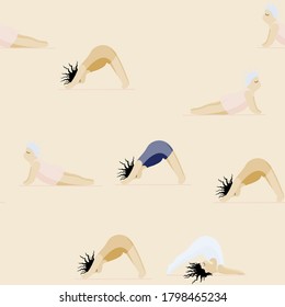 Seamless Pattern Woman Pose Practicing Yoga. Happy Body Positive Concept. Love My Body. Asana Spiritual. Cartoon Character, Brush Contour. Fat, Overweight, Plus Size, Obese Vector.