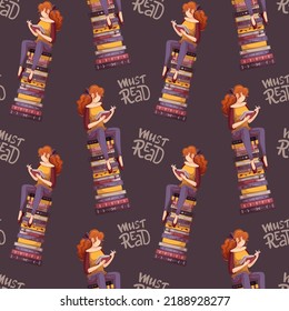 Seamless pattern with woman reading books. Bookstore, bookshop, library, book lover, reading, education concept. Vector illustration