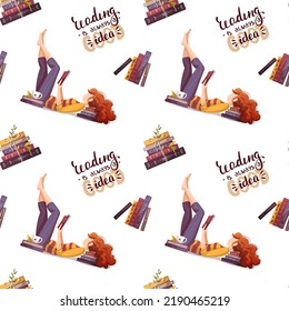 Seamless pattern with woman reading books. Bookstore, bookshop, library, book lover, reading, education concept. Vector illustration