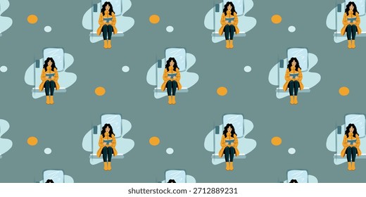 seamless pattern with woman reading on public transport