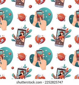 Seamless pattern with woman recording podcast on the phone screen. Streaming, blogging, podcasting, radio broadcasting, concept. Vector illustration.