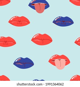 Patrón sin foco de los labios rojo y azul de la mujer.