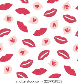 Seamless pattern with woman red lips and hearts. Hand drawn doodle style. Background for Valentines day design. Vector illustration