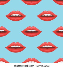 Seamless pattern with woman red lips on blue background. Vector texture.