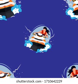 Seamless pattern of woman rides a water scooter. Stock vector illustration isolated on blue background. Traveling around the world. Flat design for fabric, textile.
