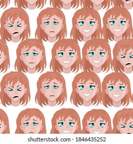 seamless pattern with a woman s face with different emotions on a white background