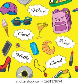 Seamless pattern with woman shopping objects. Vector background. Hand drawn doodle sketch fashion illustration. Cute overlays for photos on the blog with funny inscriptions

