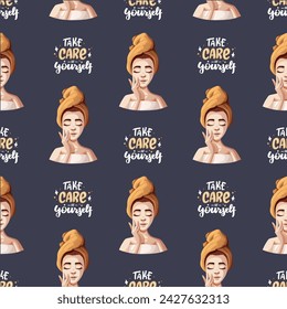 Seamless pattern with woman with towels and handwritten phrase. Beauty, skin care, cosmetic, spa, shower concept. Vector illustration for background, scrapbooking, wrapping paper.