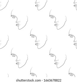 Seamless pattern Woman's Face Line art on a white background. Vector hand drawn illustration.