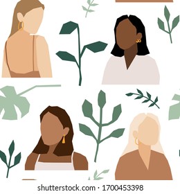 Seamless pattern with Woman's Face minimalist collage abstract contemporary fashion in a modern trendy colors, vector illustration