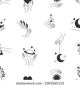 Seamless pattern of woman's hand holding moon and stars, magic mystical symbol. Abstract background, line art style. Vector illustration