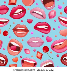 Patrón sin foco con los labios de las mujeres. La boca sonriente brillante que besa y muestra lengua, dientes. Brotes vectoriales de estilo de arte pop