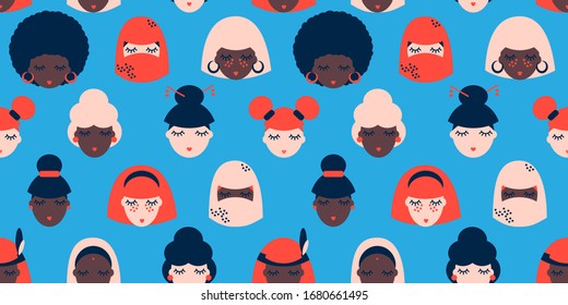 seamless pattern with women from all over the world. Asian, indian, native american, arab woman, black and white-skinned women. Modern abstract design for paper, cover, fabric, interior decor