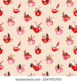 Seamless pattern with women is bathing in a cute holiday mug with a flat cartoon style, featuring a Christmas hot drink.