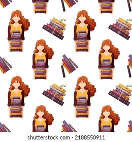 Seamless pattern with women and books. Bookstore, bookshop, library, book lover, reading, education concept. Vector illustration