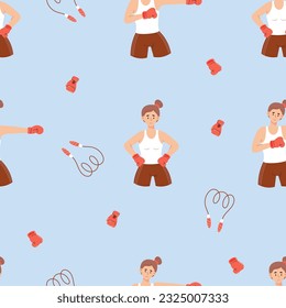 Seamless pattern women boxing. Cute girls athletes boxers on blue background with jump ropes and boxing gloves. Vector illustration in flat cartoon style