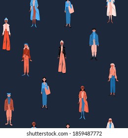Seamless pattern of women in bright casual clothes. A group of diverse girls in blue, orange trendy robes against a dark background. Tile vector stock colorful illustration in cartoon style.
