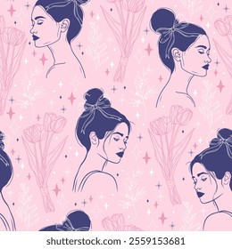 Seamless Pattern with Women with Bun Hairstyles, Cute Bows, Flowers, and Tulips. Hand-Drawn Vector background