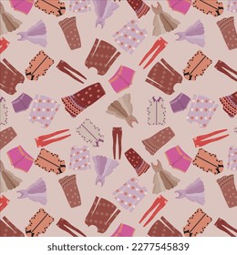 Seamless pattern of women cloths fashion, beautiful and attractive skirts, frocks, sweatshirts, jeans pant, shorts, shirts on pale dogwood background. textile design, wallpaper, poster, advertisement.