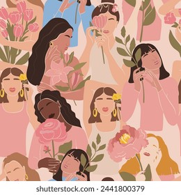 Patrón sin fisuras con mujeres de diferentes culturas. Mujeres con flores. Poder femenino, lucha por la igualdad, concepto de feminismo. Textura para textil, embalaje, papel de embalaje, publicaciones en redes sociales, etc. Vector.