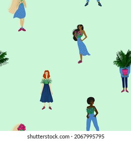 Patrón sin foco con mujeres de diferentes etnias. Niñas con diseño de superficie floral sobre un fondo verde. 