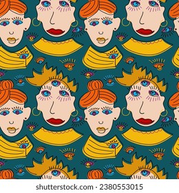 Seamless pattern with women and different eyes. Funny hand drawn fashion vector illustration